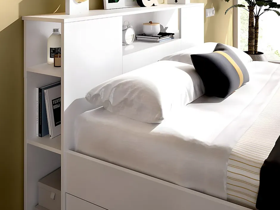 Vente-unique Lit avec tête de lit rangements et tiroirs - 140 x 190 cm - Coloris : Blanc + Sommier + Matelas - LEANDRE Best