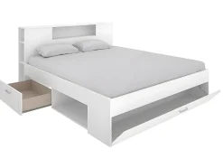 Vente-unique Lit avec tête de lit rangements et tiroirs - 140 x 190 cm - Coloris : Blanc + Sommier + Matelas - LEANDRE Best