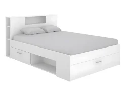 Vente-unique Lit avec tête de lit rangements et tiroirs - 140 x 190 cm - Coloris : Blanc + Sommier + Matelas - LEANDRE Best
