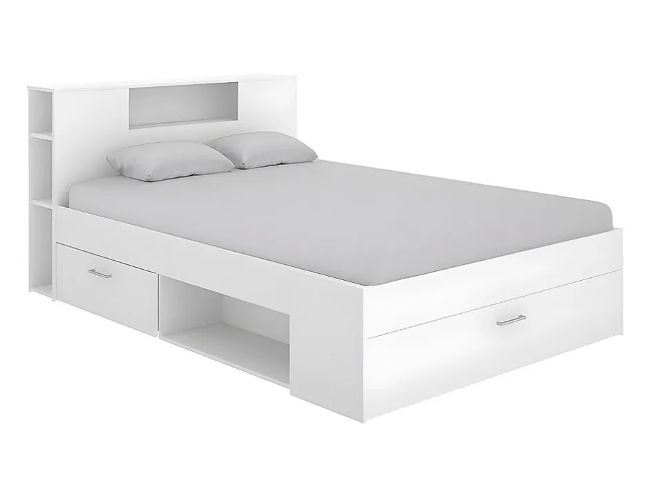 Vente-unique Lit avec tête de lit rangements et tiroirs - 140 x 190 cm - Coloris : Blanc + Sommier + Matelas - LEANDRE Best