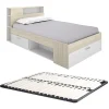 Vente-unique Lit avec tête de lit rangements et tiroir - 120 x 190cm - Coloris : Naturel et blanc + Sommier - LEANDRE