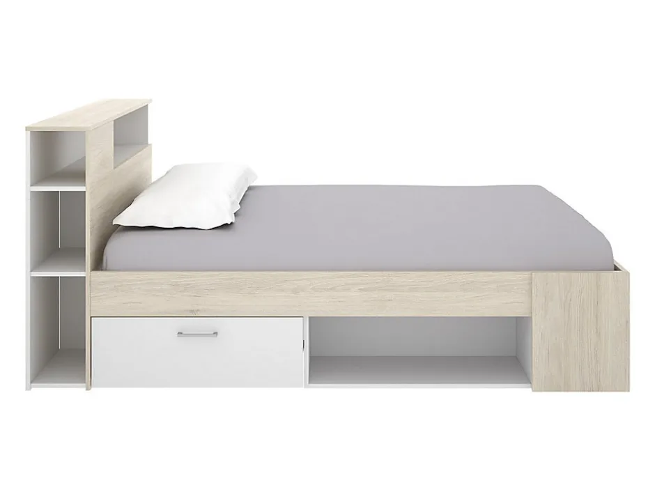 Vente-unique Lit avec tête de lit rangements et tiroir - 120 x 190cm - Coloris : Naturel et blanc + Sommier - LEANDRE