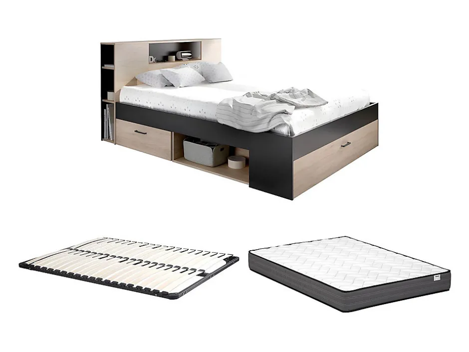 Vente-unique Lit avec tête de lit rangements et tiroirs - 160 x 200 cm - Coloris : Naturel et anthracite + Sommier + Matelas - LEANDRE
