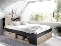 Vente-unique Lit avec tête de lit rangements et tiroirs - 160 x 200 cm - Coloris : Naturel et anthracite + Sommier + Matelas - LEANDRE