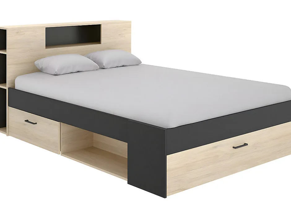 Vente-unique Lit avec tête de lit rangements et tiroirs - 160 x 200 cm - Coloris : Naturel et anthracite + Sommier + Matelas - LEANDRE