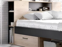 Vente-unique Lit avec tête de lit rangements et tiroirs - 160 x 200 cm - Coloris : Naturel et anthracite + Sommier + Matelas - LEANDRE
