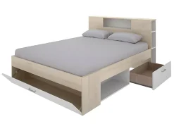 Vente-unique Lit avec tête de lit rangements et tiroirs - 140 x 190 cm - Coloris : Naturel et blanc + Sommier - LEANDRE Best
