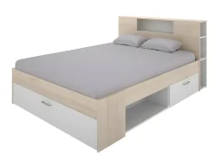 Vente-unique Lit avec tête de lit rangements et tiroirs - 140 x 190 cm - Coloris : Naturel et blanc + Sommier - LEANDRE Best