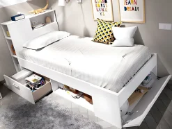 Vente-unique Lit avec tête de lit rangements et tiroir - 90 x 190 cm - Blanc + Sommier - LEANDRE Online