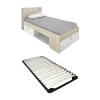 Vente-unique Lit avec tête de lit rangements et tiroir - 90 x 190 cm - Blanc et Naturel + Sommier - LEANDRE
