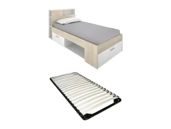 Vente-unique Lit avec tête de lit rangements et tiroir - 90 x 190 cm - Blanc et Naturel + Sommier - LEANDRE