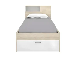 Vente-unique Lit avec tête de lit rangements et tiroir - 90 x 190 cm - Blanc et Naturel + Sommier - LEANDRE