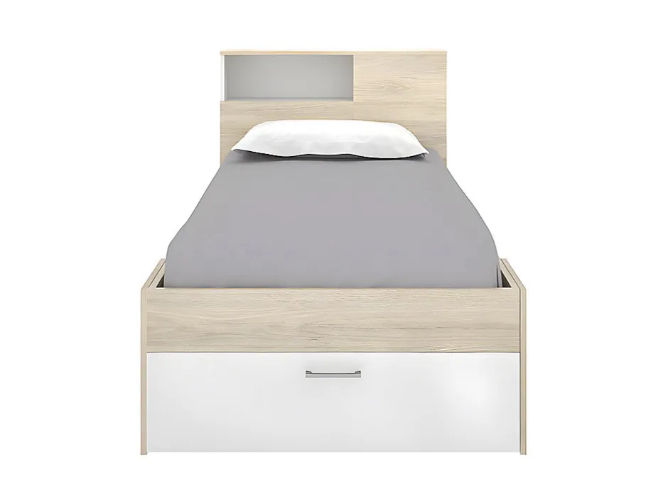 Vente-unique Lit avec tête de lit rangements et tiroir - 90 x 190 cm - Blanc et Naturel + Sommier - LEANDRE