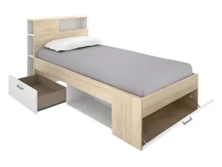 Vente-unique Lit avec tête de lit rangements et tiroir - 90 x 190 cm - Blanc et Naturel + Sommier - LEANDRE