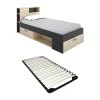Vente-unique Lit avec tête de lit rangements et tiroir - 90 x 190 cm - Anthracite et naturel + Sommier - LEANDRE