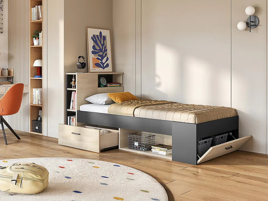 Vente-unique Lit avec tête de lit rangements et tiroir - 90 x 190 cm - Anthracite et naturel + Sommier - LEANDRE