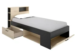 Vente-unique Lit avec tête de lit rangements et tiroir - 90 x 190 cm - Anthracite et naturel + Sommier - LEANDRE