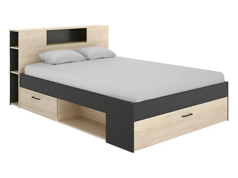 Vente-unique Lit avec tête de lit rangements et tiroirs - 140 x 190 cm - Coloris : Naturel et anthracite - LEANDRE
