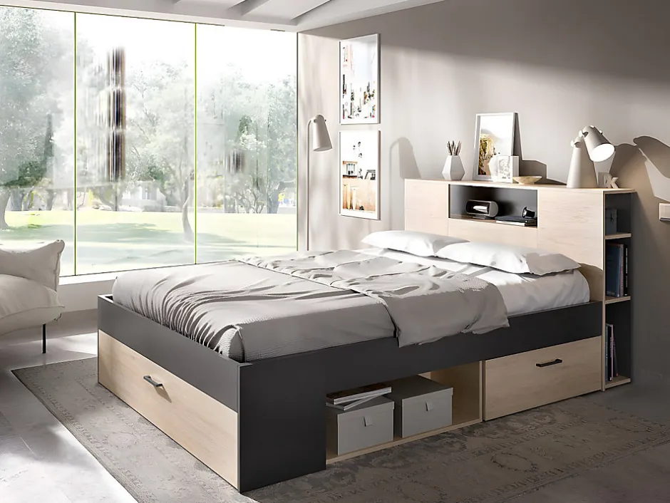 Vente-unique Lit avec tête de lit rangements et tiroirs - 140 x 190 cm - Coloris : Naturel et anthracite - LEANDRE