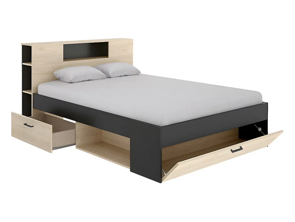 Vente-unique Lit avec tête de lit rangements et tiroirs - 140 x 190 cm - Coloris : Naturel et anthracite - LEANDRE