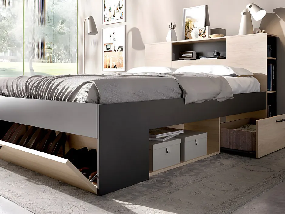 Vente-unique Lit avec tête de lit rangements et tiroirs - 140 x 190 cm - Coloris : Naturel et anthracite - LEANDRE