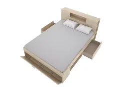 Vente-unique Lit avec tête de lit rangements et tiroirs - 160 x 200 cm - Coloris : Naturel + Sommier - LEANDRE Clearance