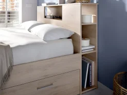Vente-unique Lit avec tête de lit rangements et tiroirs - 160 x 200 cm - Coloris : Naturel + Sommier - LEANDRE Clearance