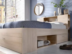 Vente-unique Lit avec tête de lit rangements et tiroirs - 160 x 200 cm - Coloris : Naturel + Sommier - LEANDRE Clearance