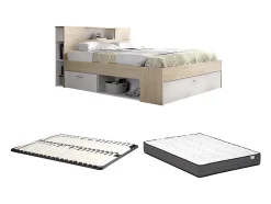Vente-unique Lit avec tête de lit rangements et tiroirs - 160 x 200 cm - Coloris : Naturel et blanc + Sommier + Matelas - LEANDRE