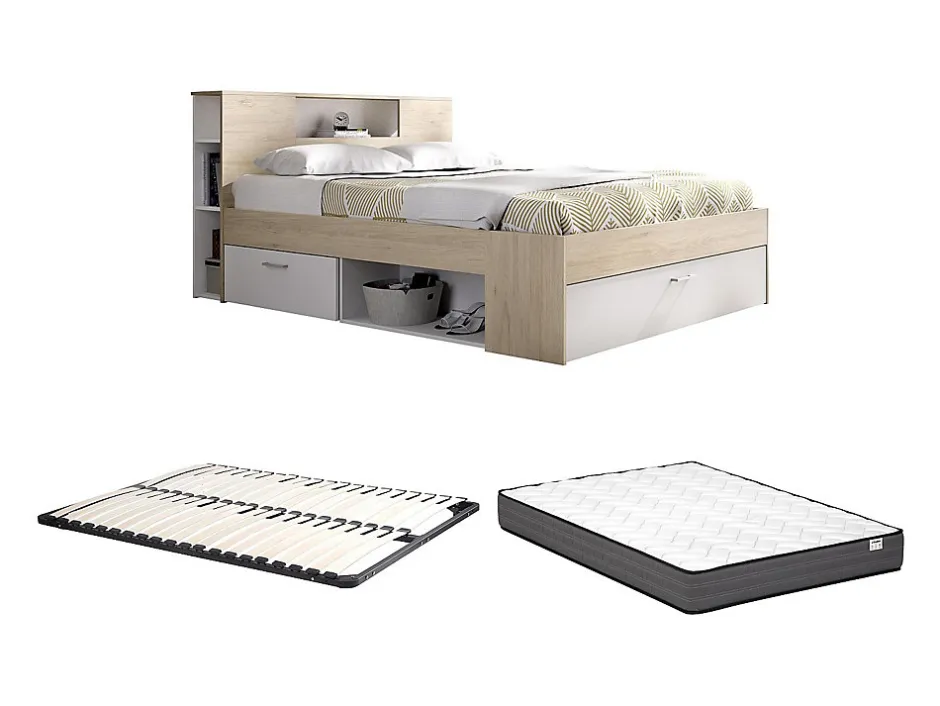 Vente-unique Lit avec tête de lit rangements et tiroirs - 160 x 200 cm - Coloris : Naturel et blanc + Sommier + Matelas - LEANDRE