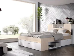 Vente-unique Lit avec tête de lit rangements et tiroirs - 160 x 200 cm - Coloris : Naturel et blanc + Sommier + Matelas - LEANDRE