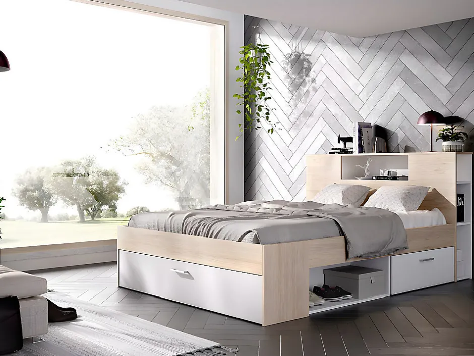 Vente-unique Lit avec tête de lit rangements et tiroirs - 160 x 200 cm - Coloris : Naturel et blanc + Sommier + Matelas - LEANDRE