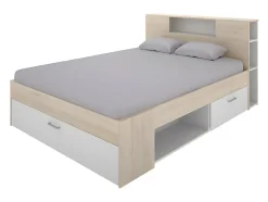 Vente-unique Lit avec tête de lit rangements et tiroirs - 160 x 200 cm - Coloris : Naturel et blanc + Sommier + Matelas - LEANDRE