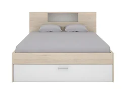 Vente-unique Lit avec tête de lit rangements et tiroirs - 160 x 200 cm - Coloris : Naturel et blanc + Sommier + Matelas - LEANDRE