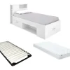 Vente-unique Lit avec tête de lit rangements et tiroir - 90 x 190 cm - Blanc + matelas + sommier - LEANDRE