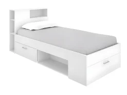 Vente-unique Lit avec tête de lit rangements et tiroir - 90 x 190 cm - Blanc + matelas + sommier - LEANDRE
