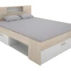 Vente-unique Lit avec tête de lit rangements et tiroirs - 160 x 200 cm - Coloris : Naturel et blanc - LEANDRE