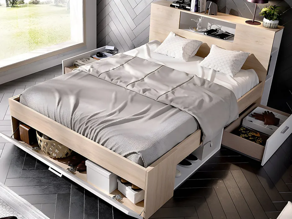 Vente-unique Lit avec tête de lit rangements et tiroirs - 160 x 200 cm - Coloris : Naturel et blanc - LEANDRE