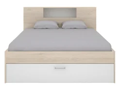 Vente-unique Lit avec tête de lit rangements et tiroirs - 160 x 200 cm - Coloris : Naturel et blanc - LEANDRE