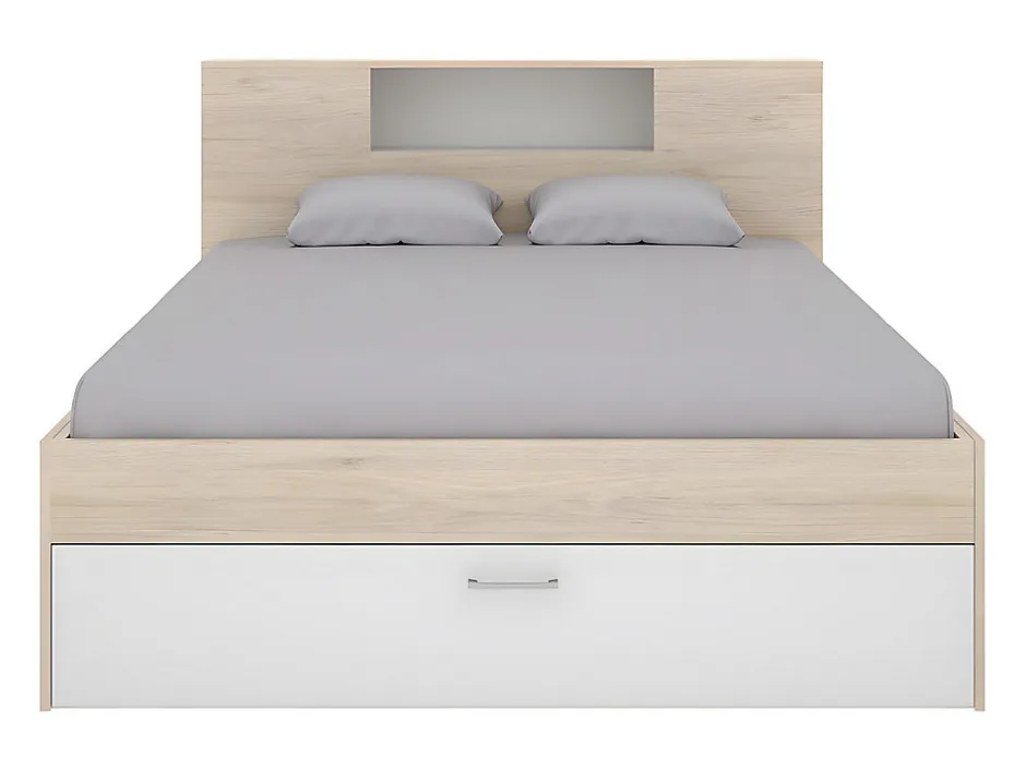 Vente-unique Lit avec tête de lit rangements et tiroirs - 160 x 200 cm - Coloris : Naturel et blanc - LEANDRE