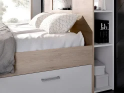 Vente-unique Lit avec tête de lit rangements et tiroirs - 160 x 200 cm - Coloris : Naturel et blanc - LEANDRE
