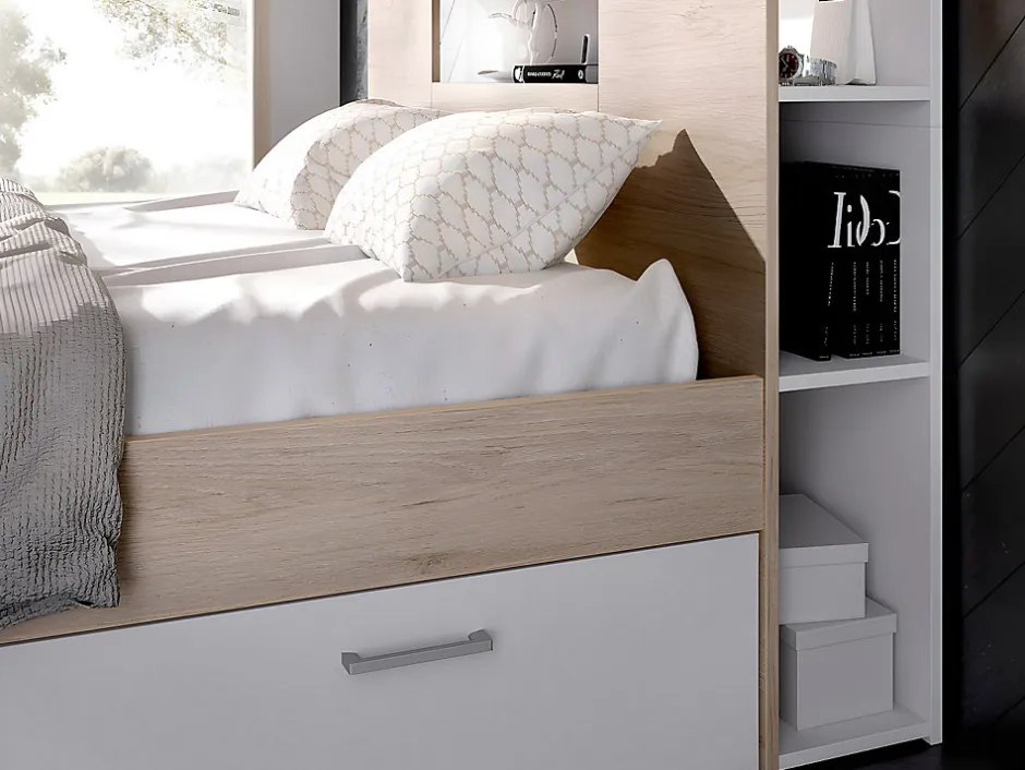 Vente-unique Lit avec tête de lit rangements et tiroirs - 160 x 200 cm - Coloris : Naturel et blanc - LEANDRE