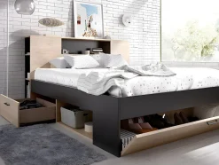 Vente-unique Lit avec tête de lit rangements et tiroirs - 160 x 200 cm - Coloris : Naturel et anthracite + Sommier - LEANDRE