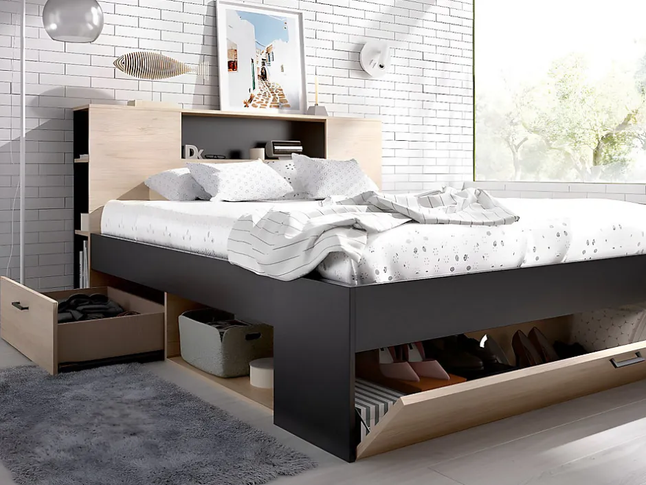Vente-unique Lit avec tête de lit rangements et tiroirs - 160 x 200 cm - Coloris : Naturel et anthracite + Sommier - LEANDRE