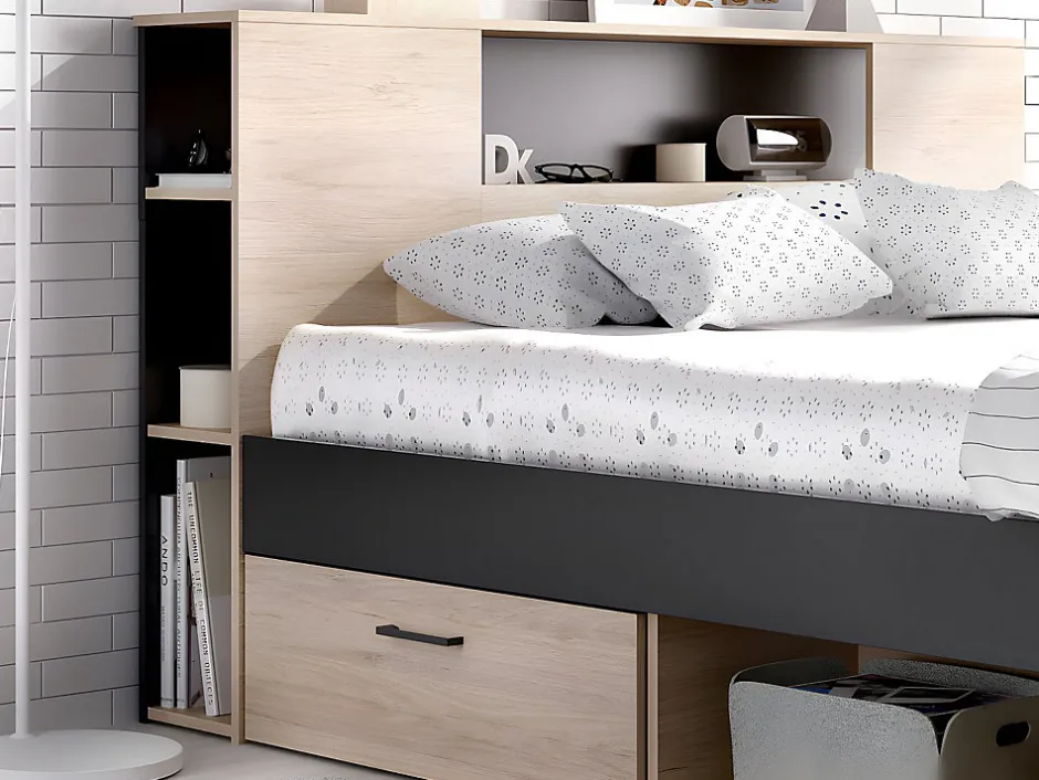 Vente-unique Lit avec tête de lit rangements et tiroirs - 160 x 200 cm - Coloris : Naturel et anthracite + Sommier - LEANDRE