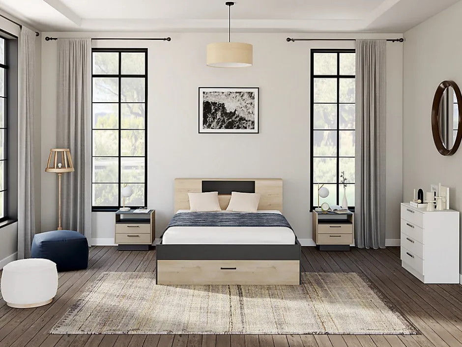 Vente-unique Lit avec tête de lit rangements et tiroirs - 160 x 200 cm - Coloris : Naturel et anthracite + Sommier - LEANDRE
