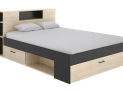 Vente-unique Lit avec tête de lit rangements et tiroirs - 160 x 200 cm - Coloris : Naturel et anthracite + Sommier - LEANDRE