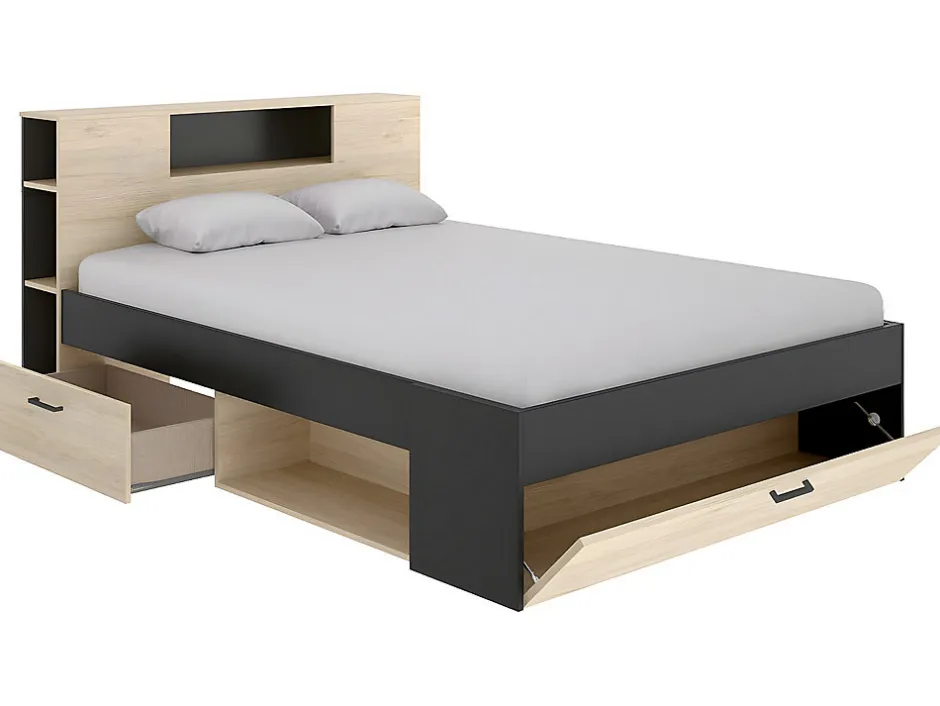 Vente-unique Lit avec tête de lit rangements et tiroirs - 160 x 200 cm - Coloris : Naturel et anthracite + Sommier - LEANDRE