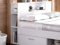 Vente-unique Lit avec tête de lit rangements et tiroirs - 160 x 200 cm - Coloris : Blanc + Sommier - LEANDRE Hot