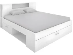 Vente-unique Lit avec tête de lit rangements et tiroirs - 160 x 200 cm - Coloris : Blanc + Sommier - LEANDRE Hot